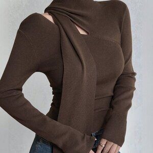 Brown Casual Women's Oblique Shoulder Flounce Tight Knit Sweater